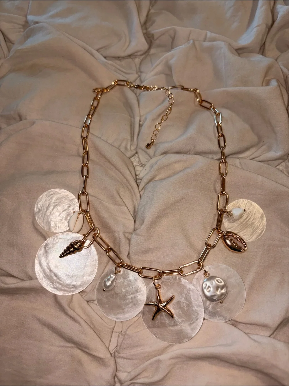 Free People Gold Chain Necklace with White Shell Discs and Charms